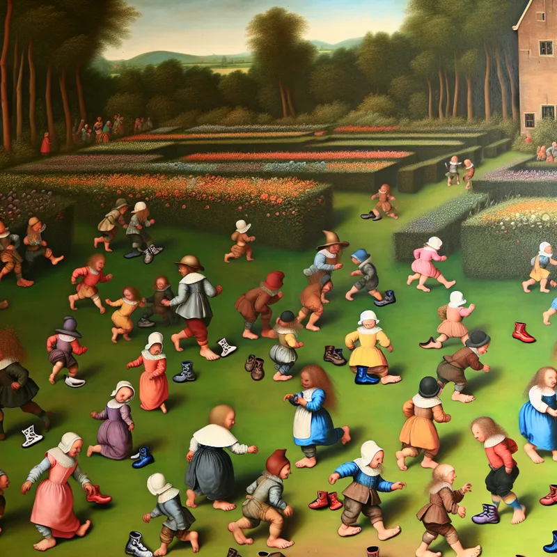 Speelse tuin met kinderen die vrolijk spelen en kleine voeten symboliseren, geïnspireerd door Jan Steen.