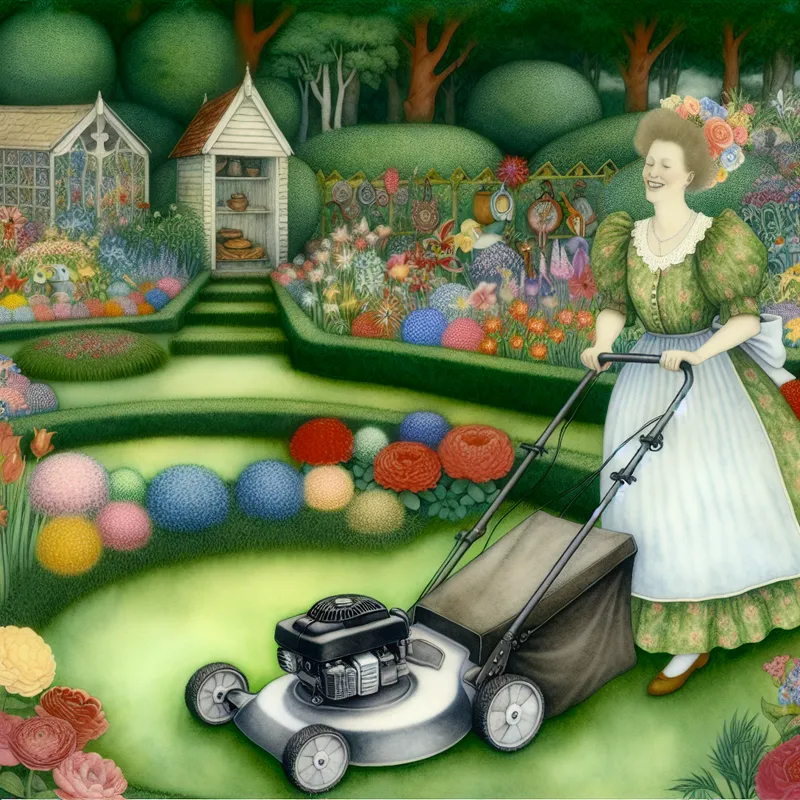 Een persoon maait gras met een elektrische grasmaaier in een kleurrijke tuin vol bloemen.