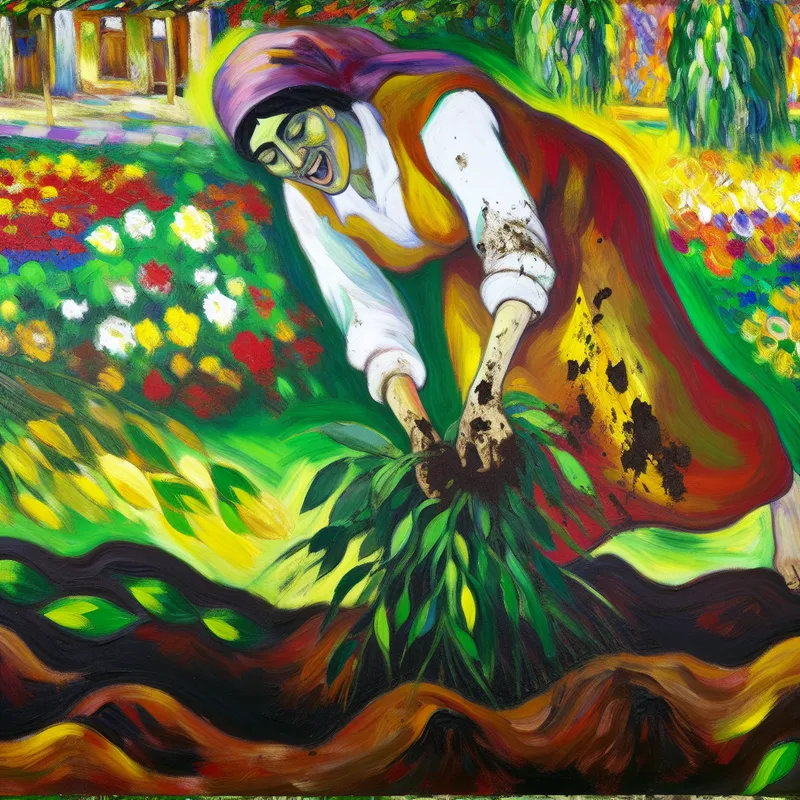 Een persoon die enthousiast de aarde omwoelt in een kleurrijke tuin vol bloemen.