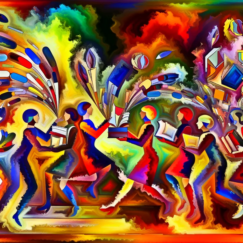 Een abstracte afbeelding van twee groepen mensen die enthousiast boeken ruilen in een levendige omgeving.