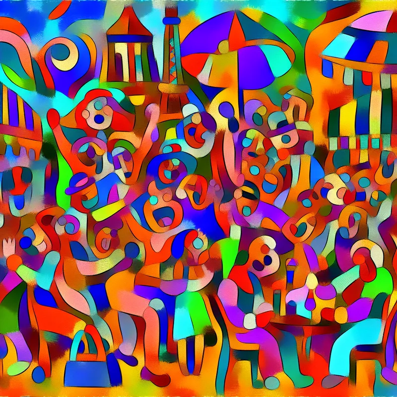 Abstracte kleurige afbeelding van een vrolijke vakantieherinnering in Frankrijk met kinderlijke figuren en herkenbare bezienswaardigheden.