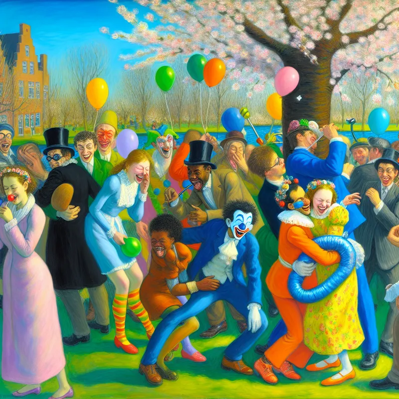 Groep mensen die plezier maken en grappen uithalen tijdens een feestelijke viering op de eerste dag van april in een levendig park