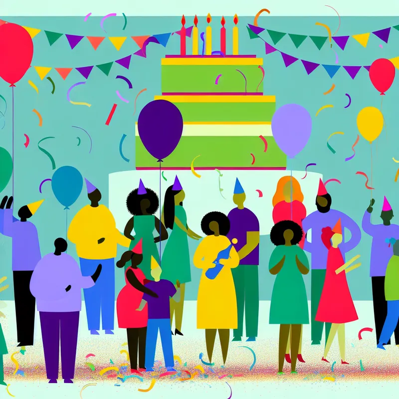 Een kleurrijke en minimalistische afbeelding van een blije viering met diverse mensen, feestballonnen en een grote verjaardagstaart.