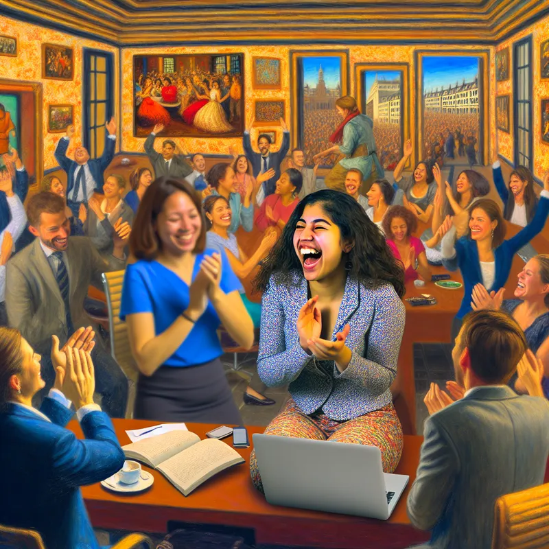 Jonge vrouwviert haar nieuwe carrière in een kleurrijk kantoor met vrolijke collega's die applaudisseren