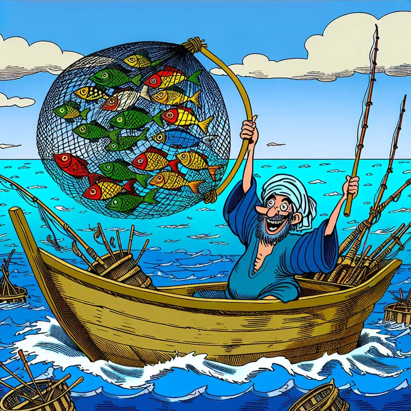 Een vrolijke cartoonafbeelding van een visser op een boot in de oceaan, omringd door verschillende visnetten en uitrusting, terwijl hij een net vol kleurrijke vissen binnenhaalt.