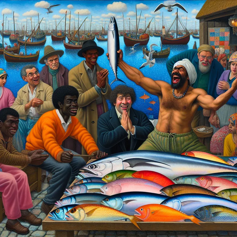 Een vrolijke visser die een grote tonijn vasthoudt op een levendige markt aan de kust met verschillende kleurrijke vissen.