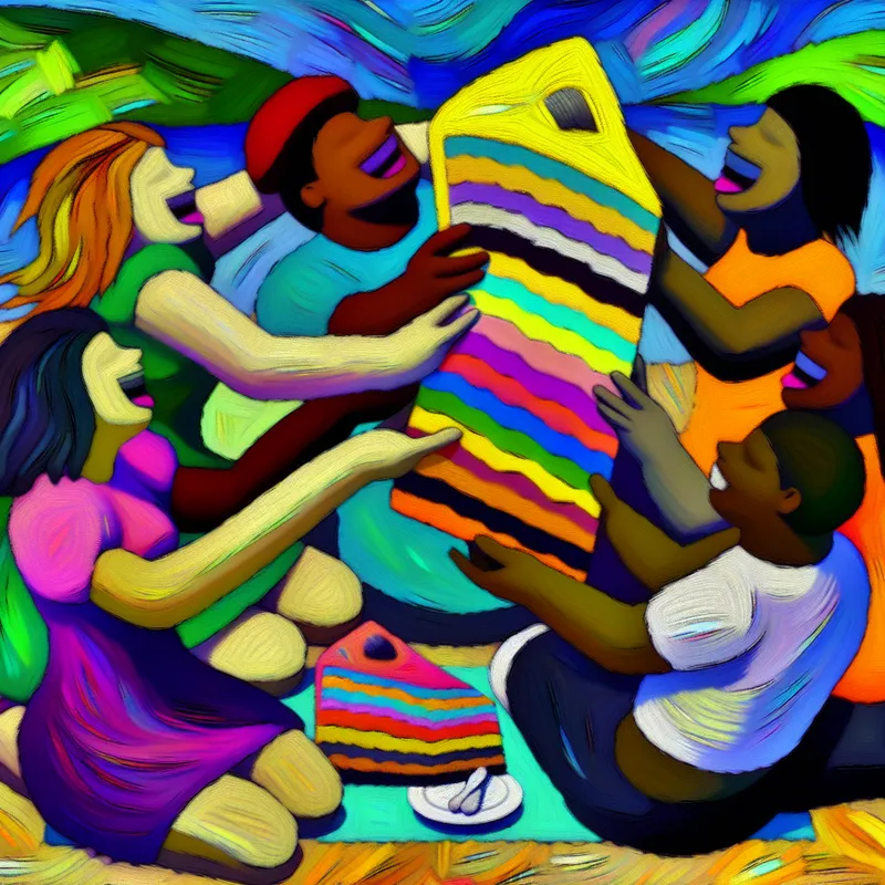 Abstract kleurrijke afbeelding van vrienden die vrolijk cake delen tijdens een levendige picknick in de buitenlucht.