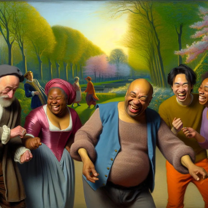 Vijf vrolijke vrienden lopen samen in een park, met glimlachen en levendige lichaamstaal.