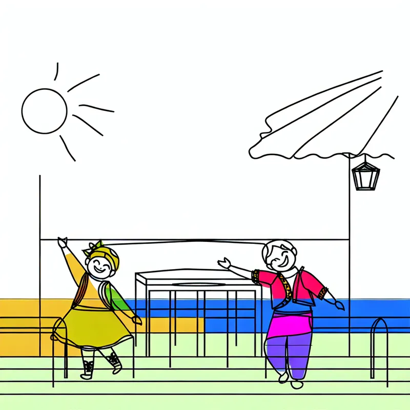 Minimalistische illustratie van twee vrienden die elkaar vrolijk begroeten in een café met eenvoudige meubelen.