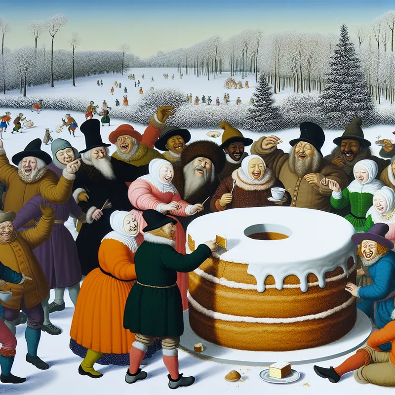 Vrolijke vrienden delen een grote taart tijdens een winterfeest in de sneeuw.