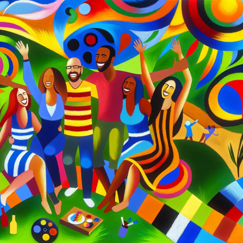 Een levendige abstracte afbeelding van vrienden die blij elkaar omhelzen in een kleurrijk park vol met vrolijke vormen.