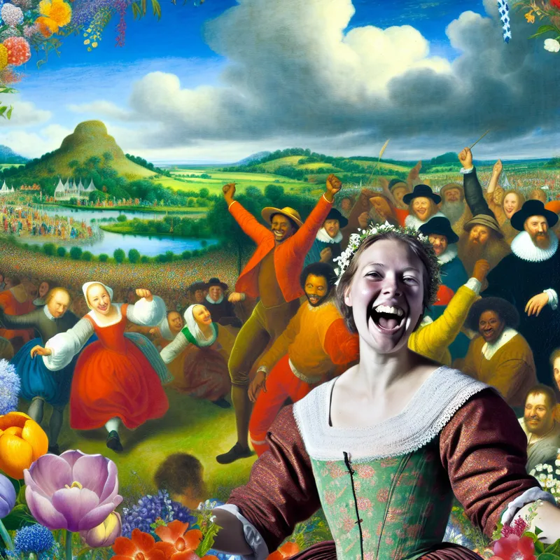 Vrolijke jonge vrouw met een stralende glimlach op een buitenfeest, omringd door kleurrijke versieringen en dansende mensen, met een prachtig landschap op de achtergrond.