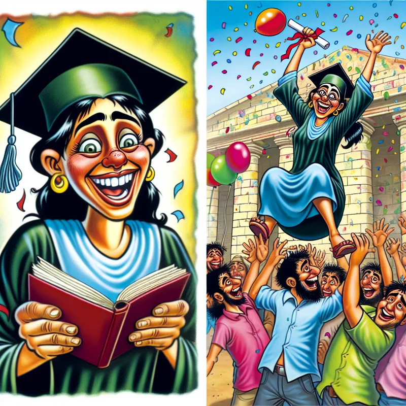 Een jonge vrouw met een diploma, lachend buiten een schoolgebouw, omringd door ballonnen en confetti terwijl vrienden haar succes vieren.