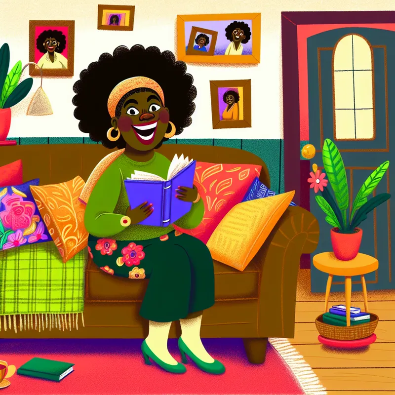 Een vrolijke vrouw die op een bank zit, lachend en een boek leest terwijl ze omringd wordt door kleurrijke kussens in een gezellige woonkamer.