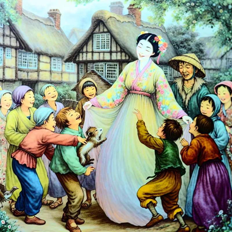 Een vrolijke vrouw lacht vriendelijk naar een groep kinderen in een pittoresk dorpje met oude huizen en groen.