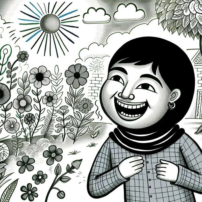 Een vrolijke vrouw komt gelukkig het dokterskantoor uit, symboliseert herstel na een operatie, omringd door bloemen en groen.