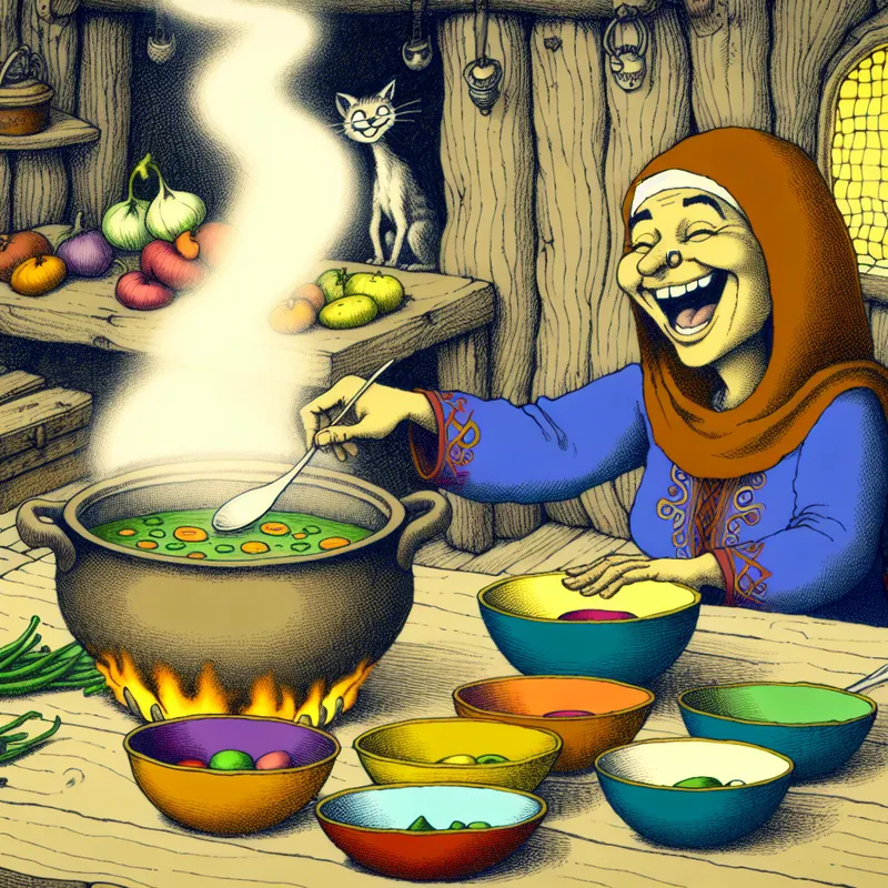 Vrolijke vrouw lepel soep in kleurrijke kommen terwijl een schattige kat nieuwsgierig kijkt