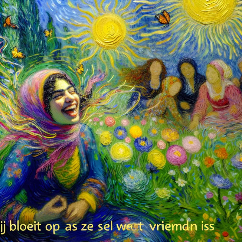 Jonge vrouw lacht omringd door vrienden in een bloeiende tuin vol kleurrijke bloemen.
