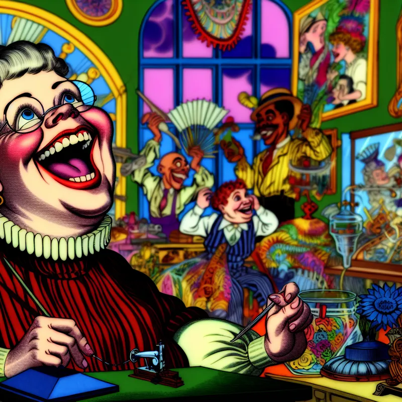 Kartonachtige afbeelding van een vrolijke vrouw op haar werkplek omringd door haar projecten en hobby's