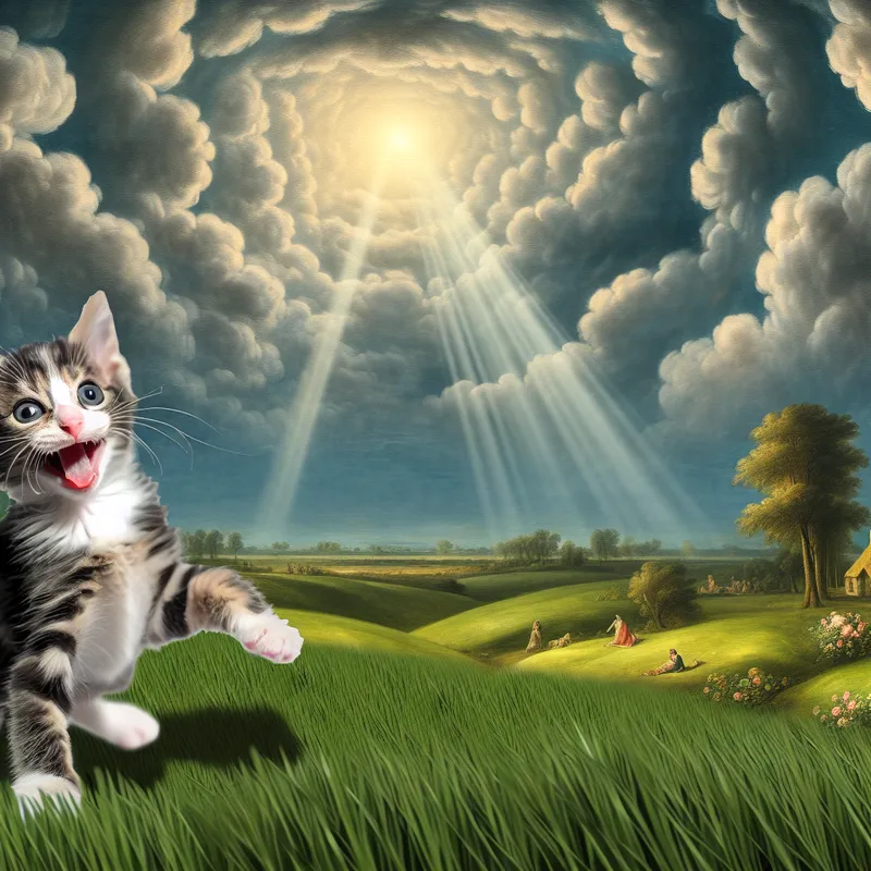 Vrolijke vrouwelijke kitten KARA speelt in een weelderig landschap, omgeven door groene velden en een dramatische lucht met wolken.