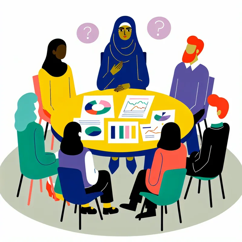 Illustratie van een vrolijk, minimalistisch kantoor met een vrouw die aan een ronde tafel zit met collega's, omringd door kleurrijke grafieken en vraagtekens.