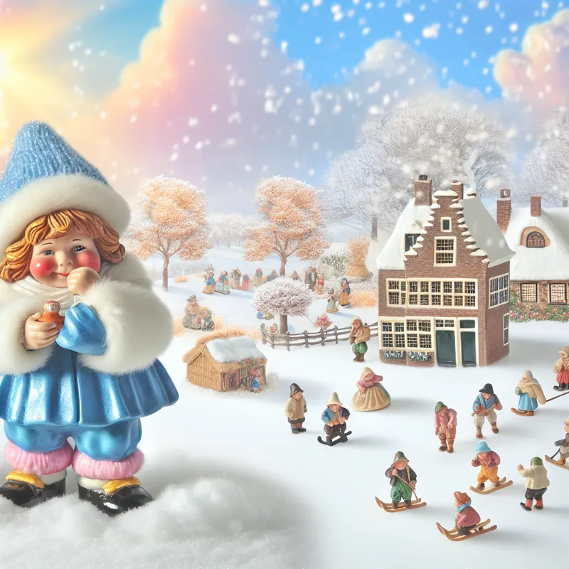 Een blije winterse scène met een kind in een kleurrijke winteroutfit, dat een klein medicijnflesje vasthoudt voor een sneeuwbedekte cottage.