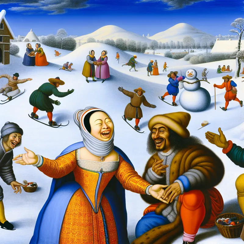 Een vrolijke winterse scène met een diverse groep mensen in een besneeuwd landschap. Een persoon met een brede glimlach en uitgestoken handen toont waardering aan een ander die welkom heet, terwijl anderen schaatsen en een sneeuwpop bouwen.