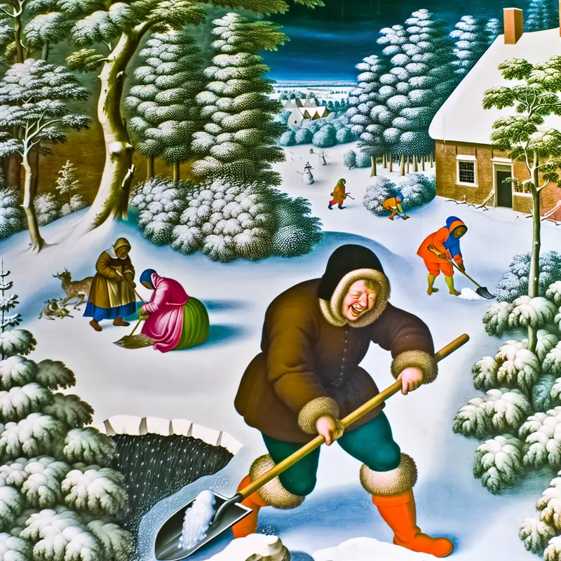 Een persoon die vrolijk sneeuw aan het scheppen is in een besneeuwde tuin, omringd door dennenbomen en andere winteractiviteiten.