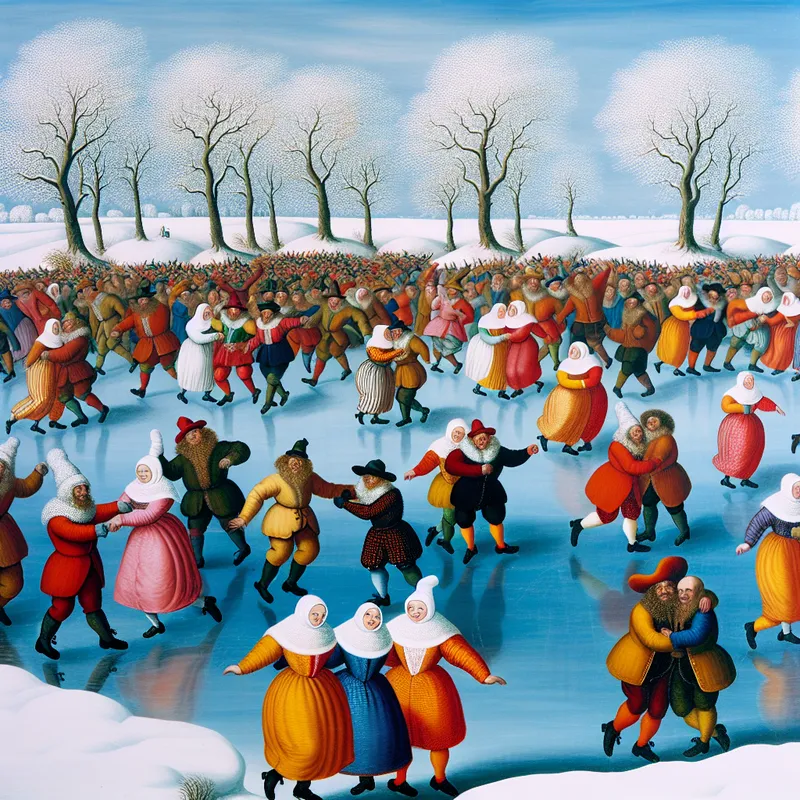 Een groep mensen danst op een bevroren meer in de winter, gekleed in kleurrijke winterkleding, met een muzikant in de buurt.