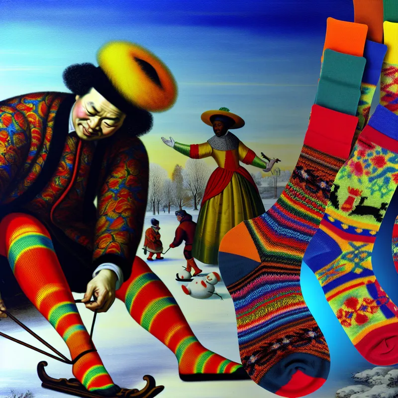 Een man trekt vrolijke, kleurrijke sokken aan terwijl een vrouw verschillende winterse sokken toont in een sneeuwlandschap.