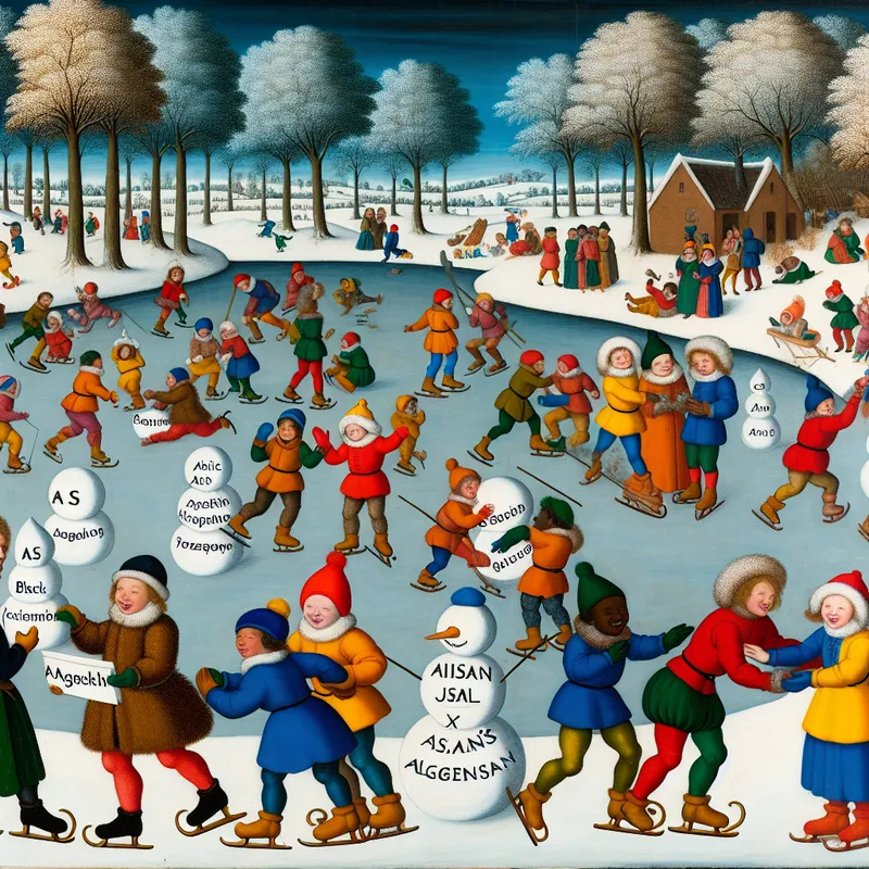 Groep kinderen speelt vrolijk op ijs in een winterse landschap met een banner 'Algemene School'.