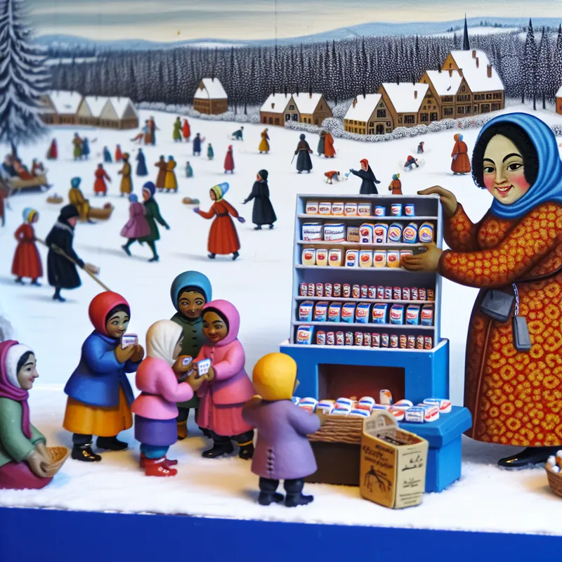 Een winterse markt met een vrolijke verkoper die kleine producten toont, omringd door blije kinderen in kleurrijke winterkleding. Achtergrond met een besneeuwde landschap en winteractiviteiten.