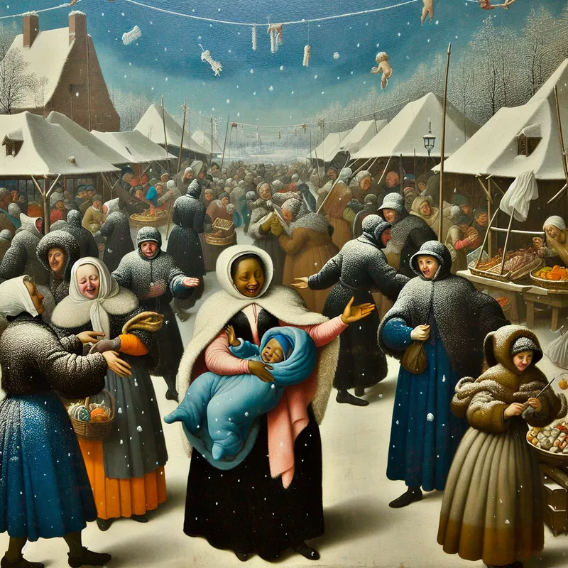 Vrolijke wintermarkt met mensen in warme kleding, een moeder geeft een warme jas aan haar blije kind, terwijl sneeuwvlokken vallen.