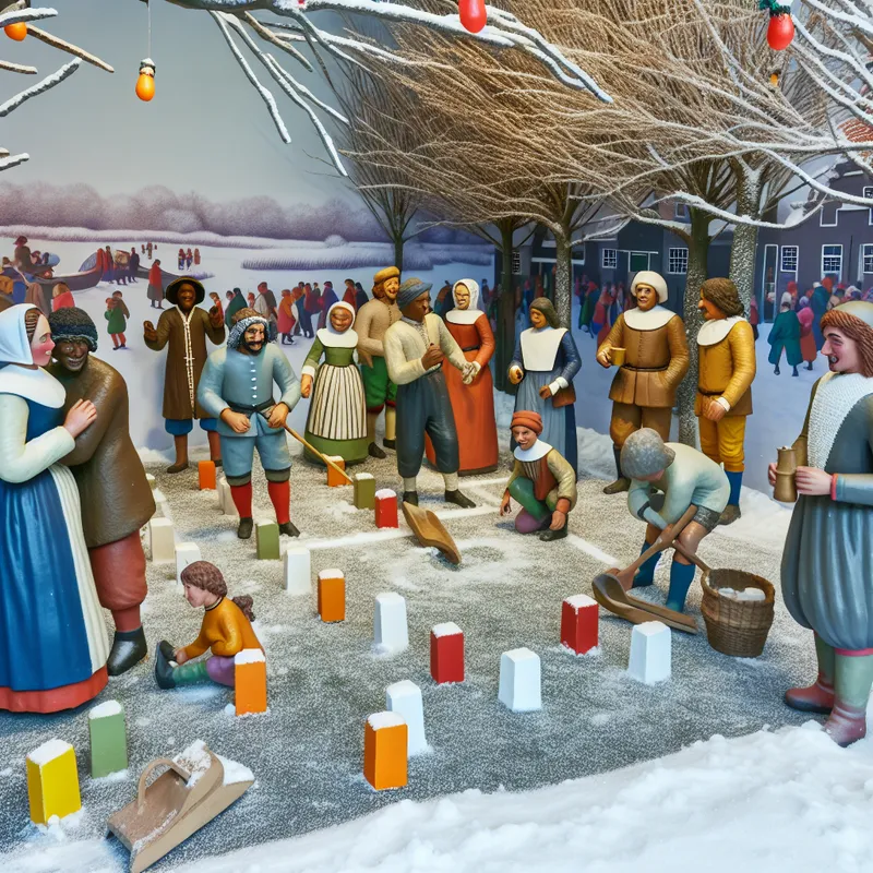 Groep vrolijke mensen rond een klein buitenspel in de winter, met sneeuw en feestelijke decoraties