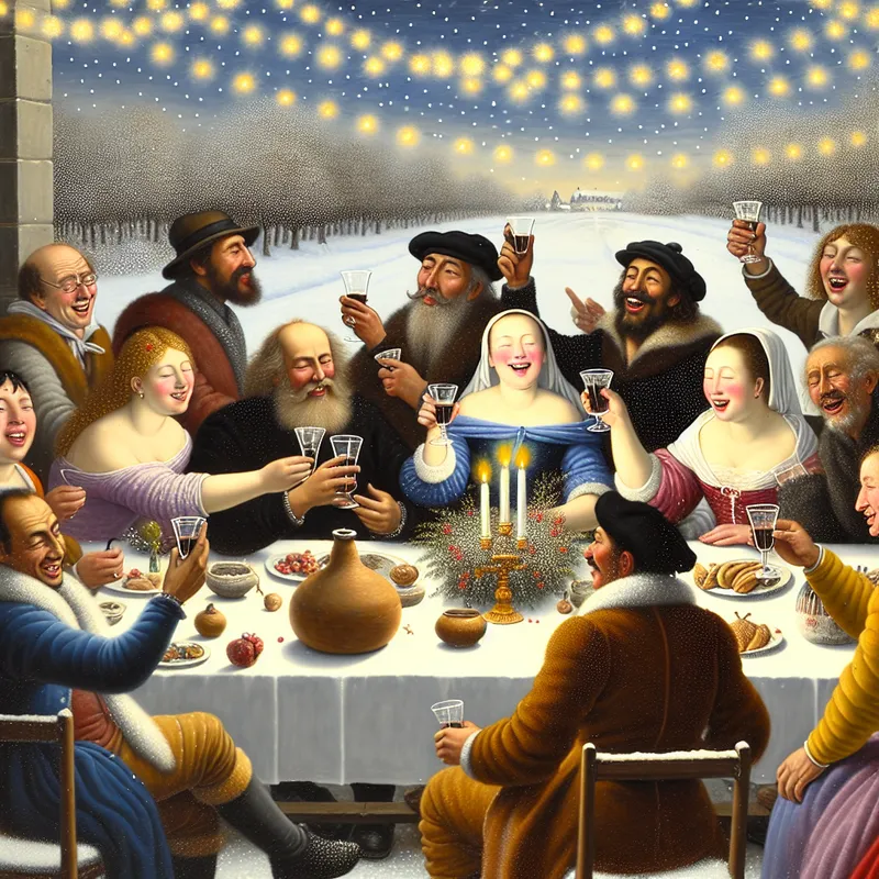 Een kleurrijke winterse tafereel met vrienden die samen aan een gedekte tafel zitten, versierd met feestelijke decoraties, terwijl sneeuwvlokken vallen.