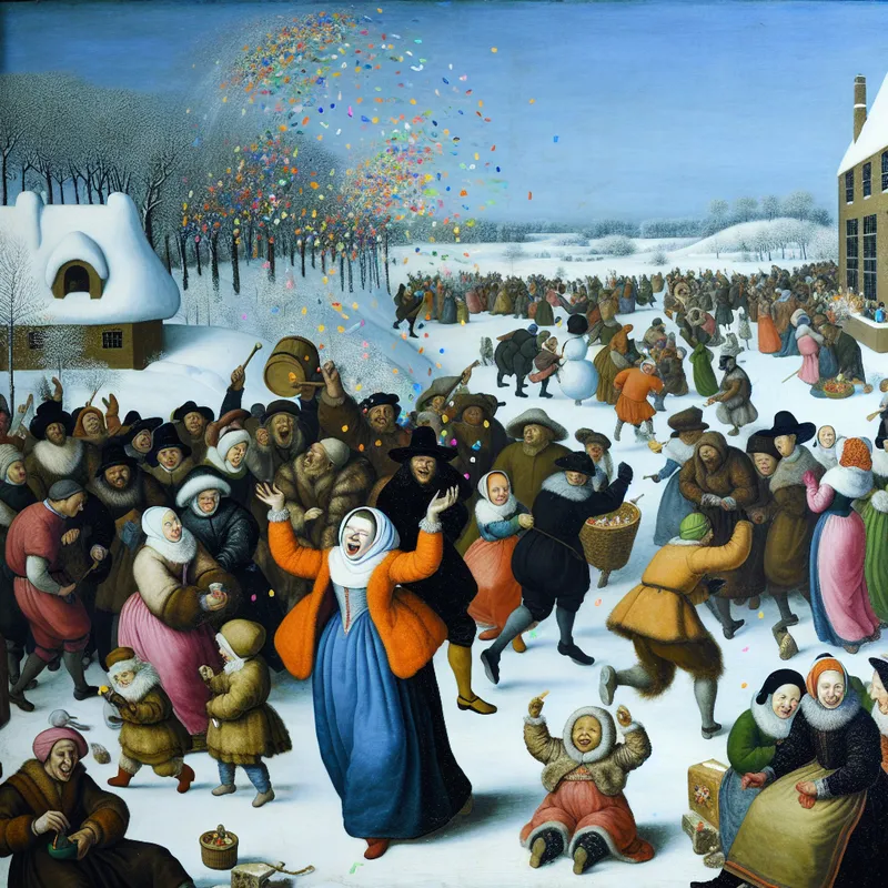 Een vrouw gooit met vreugde kleurrijke confetti de lucht in tijdens een winterfestival, omringd door lachende mensen die genieten van diverse activiteiten.