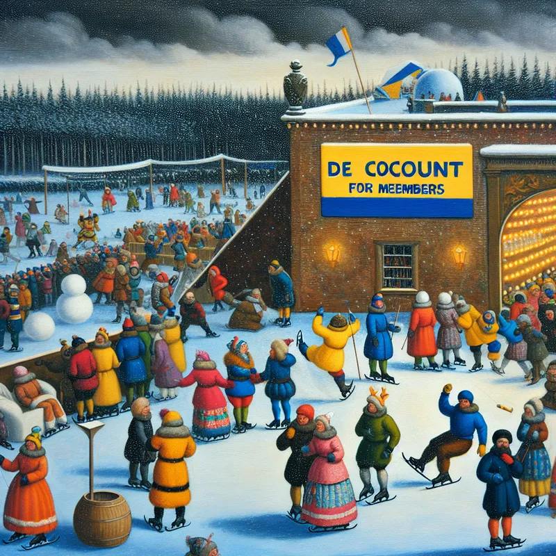 Een levendige winterse scène met mensen in kleurrijke winterkleding die deelnemen aan activiteiten zoals schaatsen, met op de achtergrond een gezellig clubhuis en een bord 'Korting voor leden'