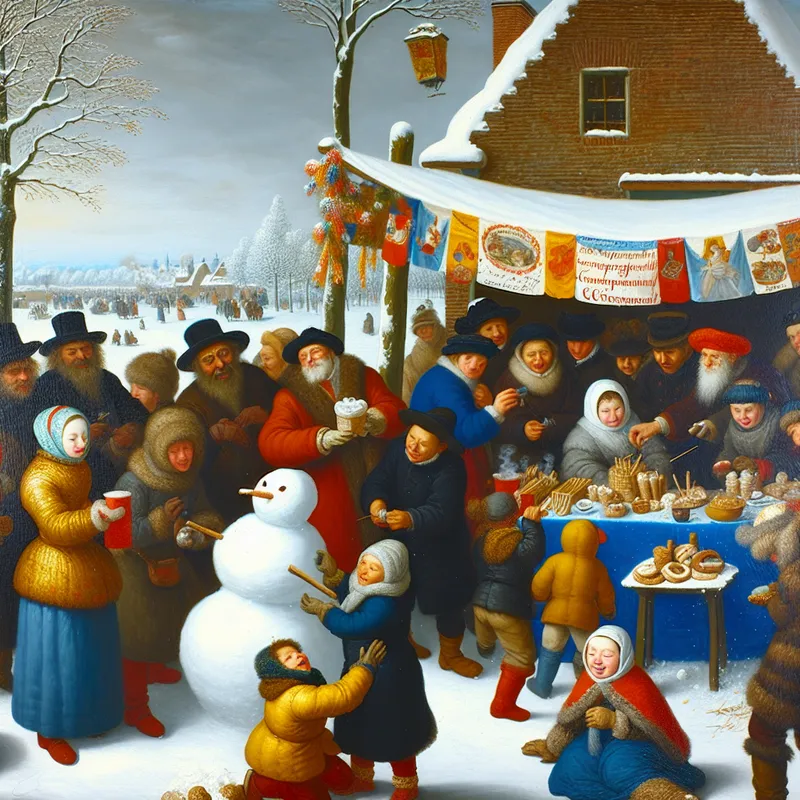 Een kleurrijke winterse fundraising-activiteit met diverse mensen die samen genieten in de sneeuw.