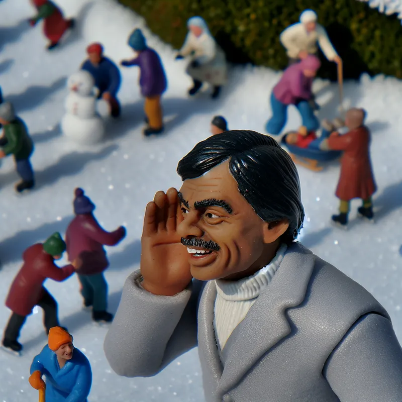 Een levendige winterse scène met mensen die genieten van een sneeuwlandschap, terwijl iemand zich over zijn oor buigt om te luisteren naar muziek en gesprek.