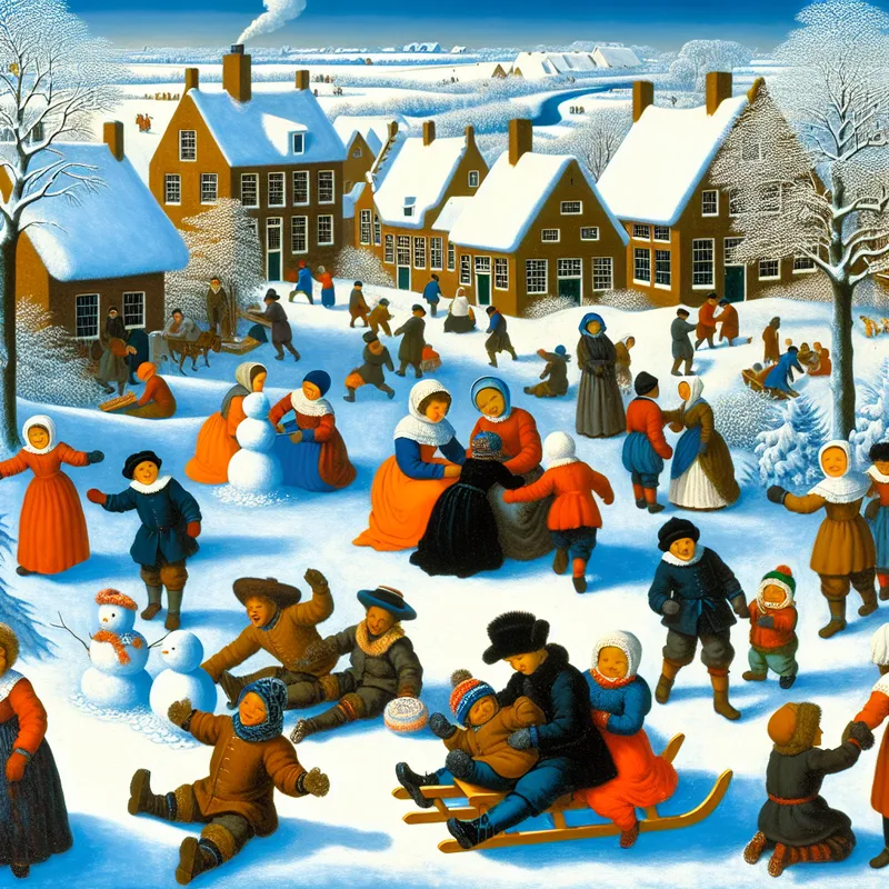 Kinderen spelen in een winterlandschap met sneeuw, bouwen een sneeuwman, maken sneeuwengelen en glijden.