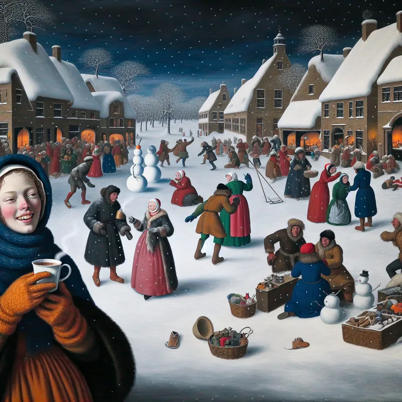 Jonge vrouw in warme kleding genietend van een druk sneeuwdorp met vrolijke figuren in winteractiviteiten.