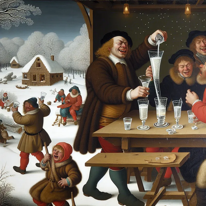 Een winterse scène waarin een persoon glimlacht terwijl hij een hoog glas met bruisend drankje vult, omringd door blije gasten