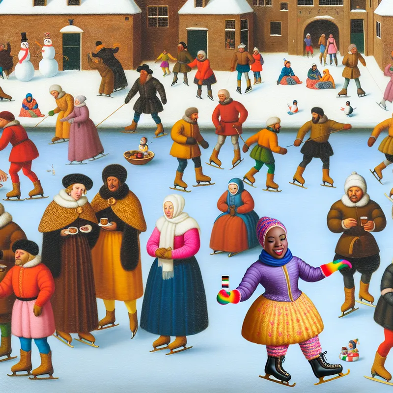 Winterlandsechap met vrolijke figuren die schaatsen op een bevroren vijver, eentje lacht met een vierde prijs.