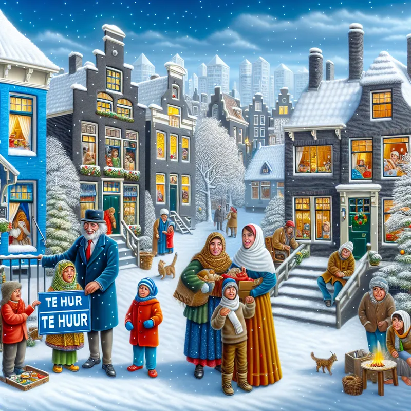 Een vrolijke winterse stadsuitzicht met een vriendelijke verhuurder die een gezin rondleidt in een appartement te huur, met sneeuwvlokken die vallen en kinderen die spelen.