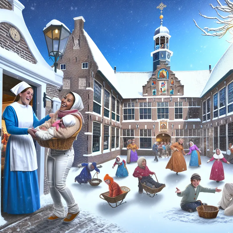 Een vrolijke verpleegster begeleidt een jonge vrouw die uit het ziekenhuis komt, terwijl kinderen in de sneeuw spelen.