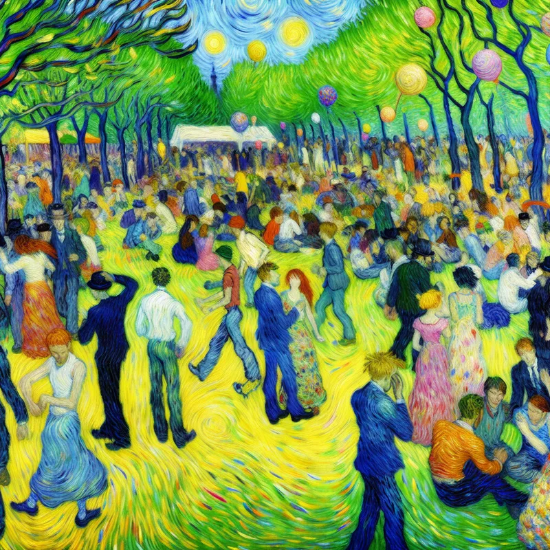 Jongeman die in een vrolijke parksetting met mensen verdwijnt, met bloemen en ballonnen