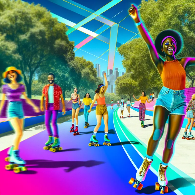 Een jongen die vrolijk twirls op rolschaatsen in een park met vrienden.