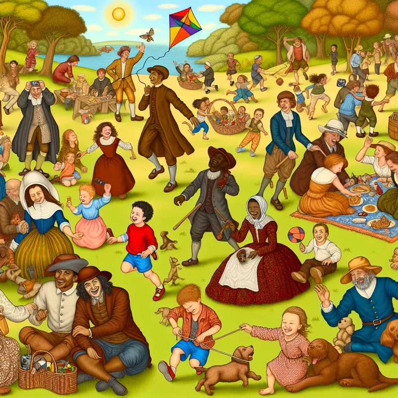 Zonnige dag in het park met families, kinderen met vliegers, vrienden die foto's maken