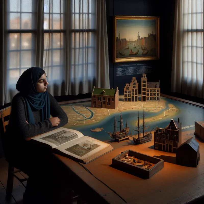 Een jonge vrouw zit aan een houten tafel met een oude kaart van Amsterdam en interessante objecten die het verleden van de stad vertegenwoordigen.