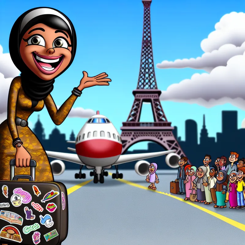 Vrolijke vrouw stapt van een vliegtuig op een levendige Parijse tarmac, omringd door iconische bezienswaardigheden zoals de Eiffeltoren.